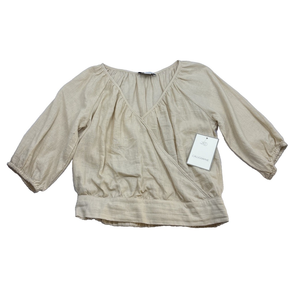 NWT Boutique Calligraphy Beige Linen Blend Deep V Cropped 3/4 Sleeve Shirt Small